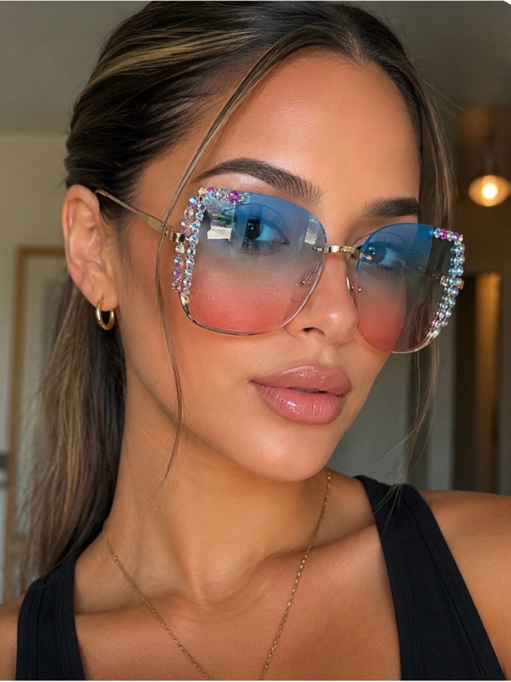 Blue Pink Ombré Rhinestone Statement Sunglasses | Glam Oversized Bling Shades